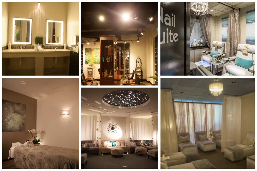 Different interrior photos of Spa Gregorie's Newport Beach and Rancho Santa Margarita